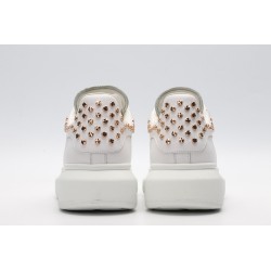 White calf leather lace-up sneaker with gold-finished hammered stud