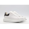 White calf leather lace-up sneaker trimmed with contrasting-color black calf leather heel