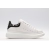 White calf leather lace-up sneaker trimmed with contrasting-color black calf leather heel